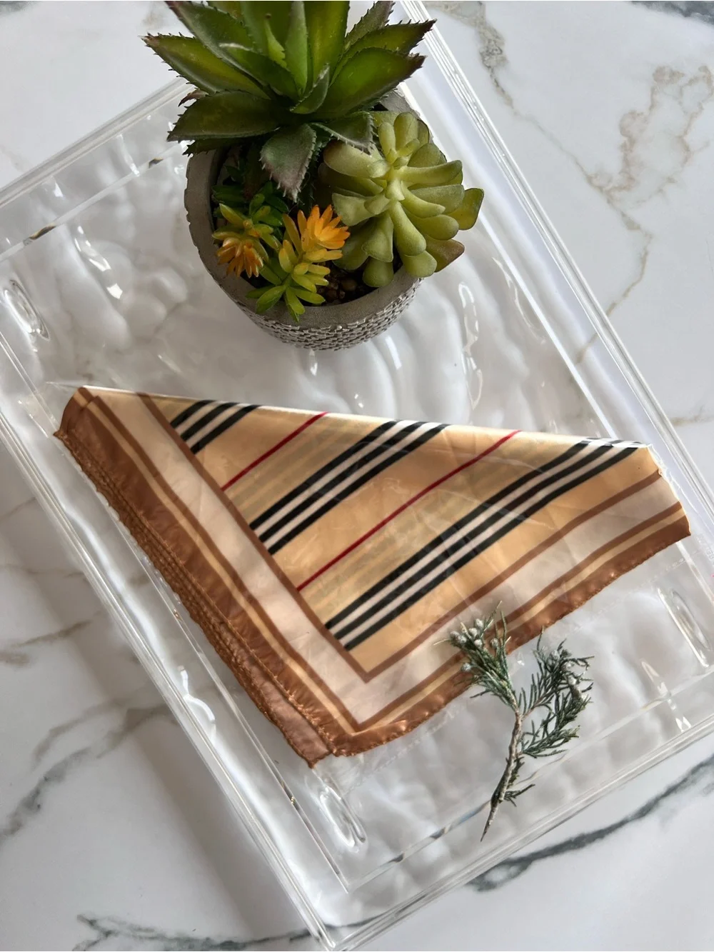 Silky-feel Striped Neck Scarf - Beige and Brown